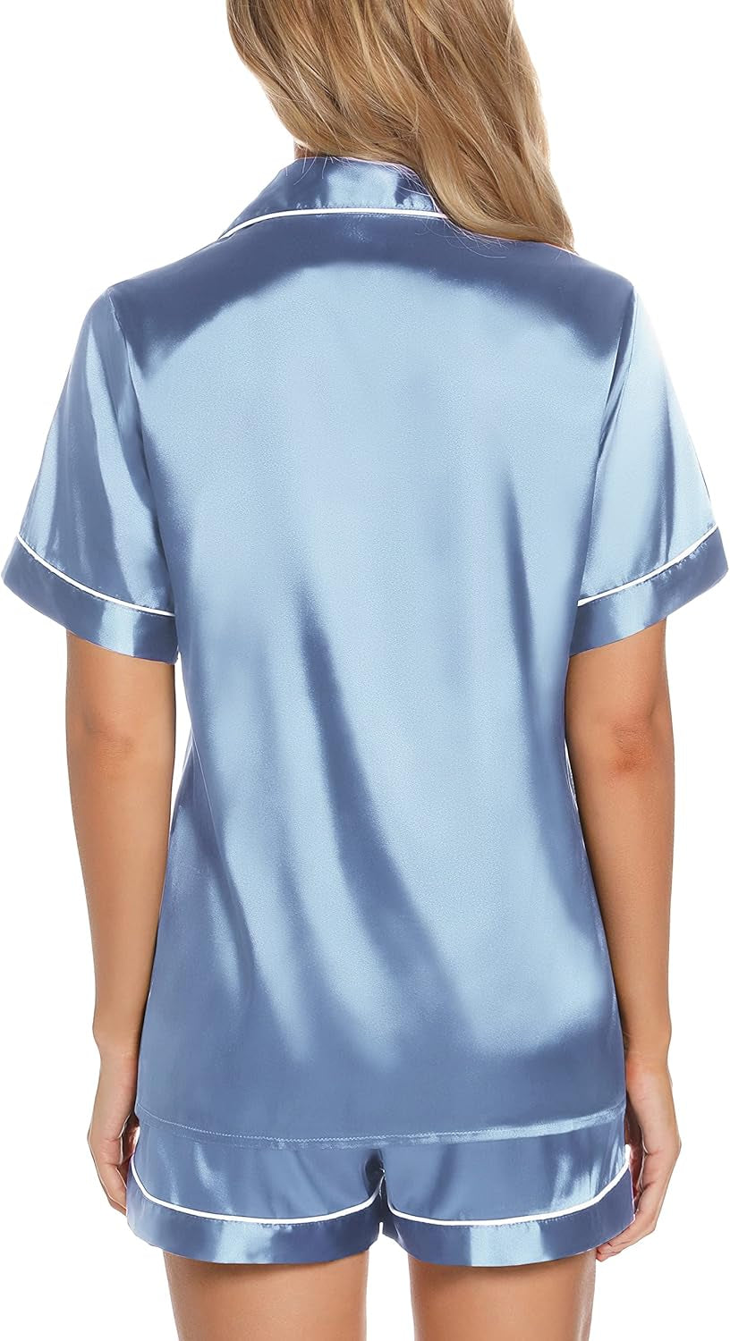 Women'S Silk Satin Pajamas Set Short Sleeve Sleepwear Two Piece Button down Pj Set with Pockets S-XXL