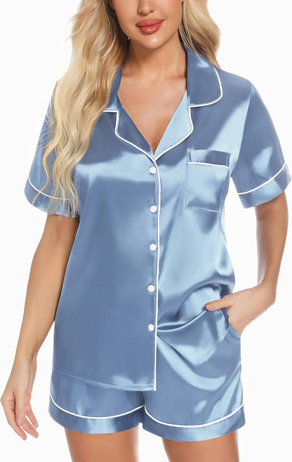 Women'S Silk Satin Pajamas Set Short Sleeve Sleepwear Two Piece Button down Pj Set with Pockets S-XXL